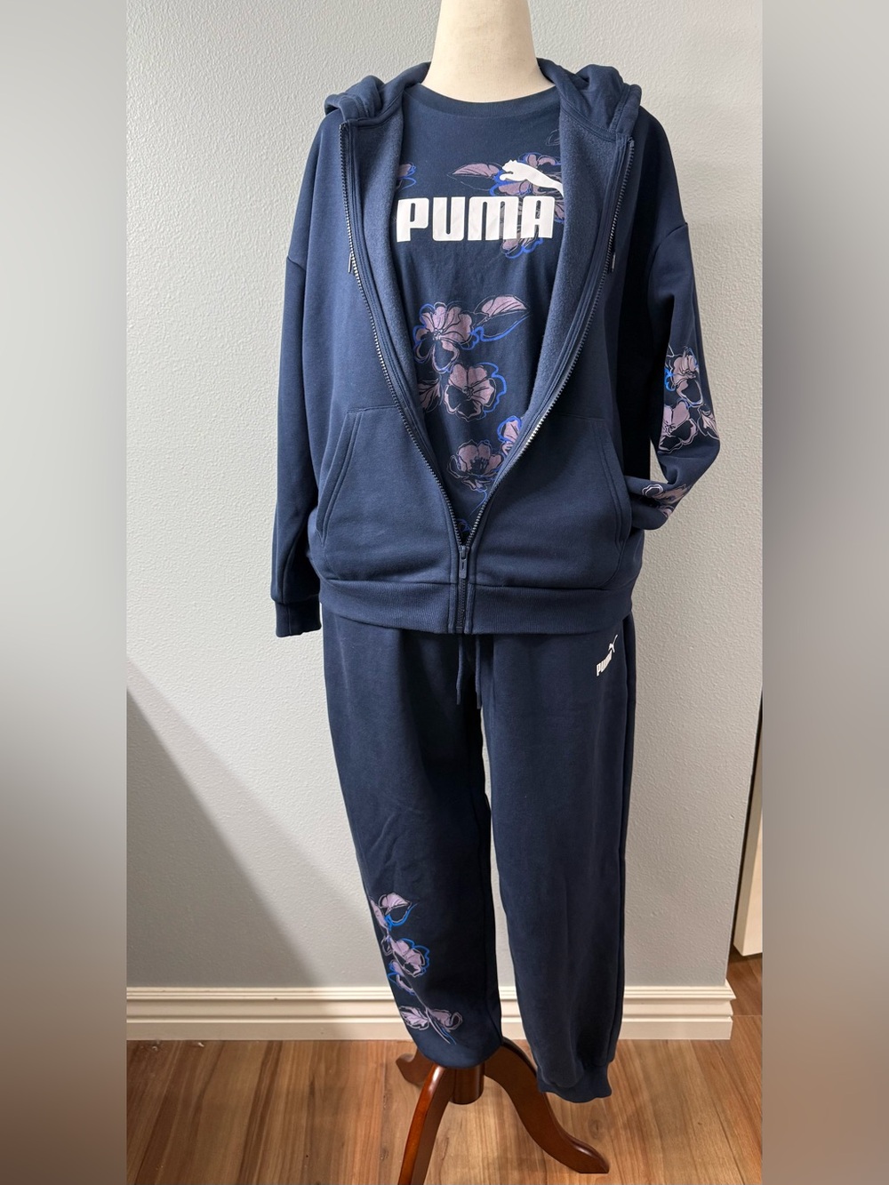 Puma Floral Vibes 3 Piece Tracksuit Set Navy Hoodie Joggers Tee | Large NWOT